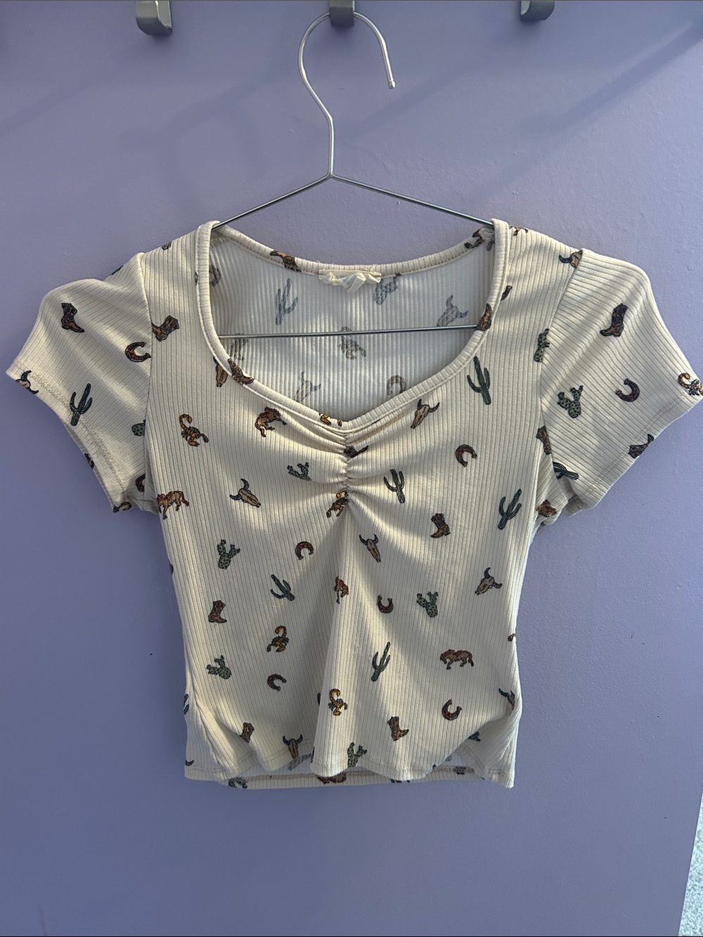 Cream Short-Sleeve Western Print Ribbed Top